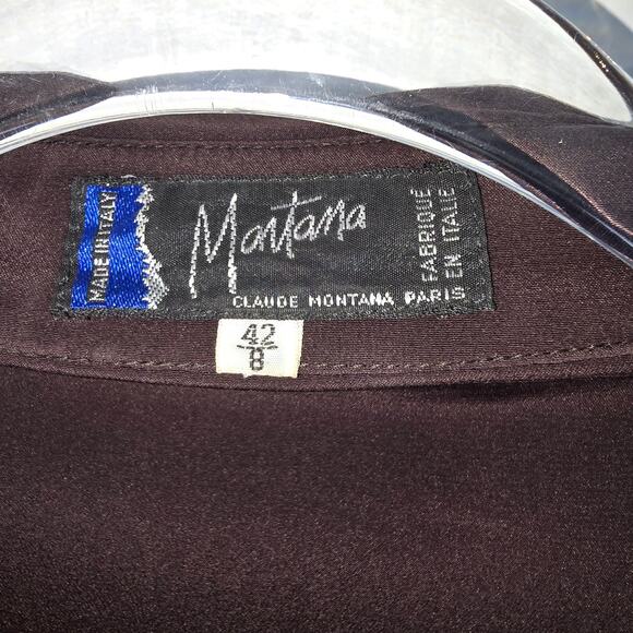 Vintage 1980's Claude Montana Blazer Blouse Brown Silk Raw Silk Button Front 8 - Picture 3 of 13